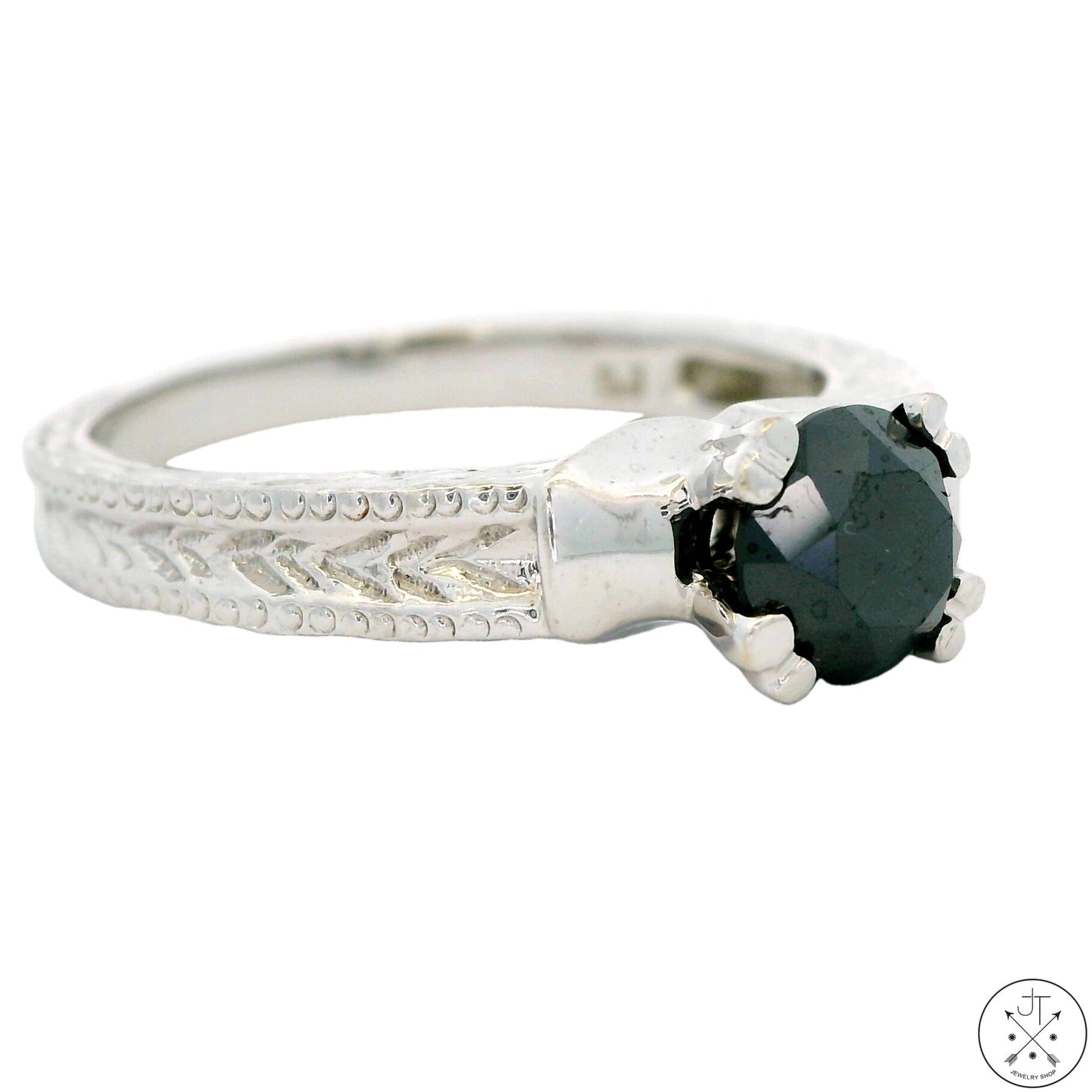 10k White Gold Engagement Ring with Black Moissanite Size 7 Deco Style