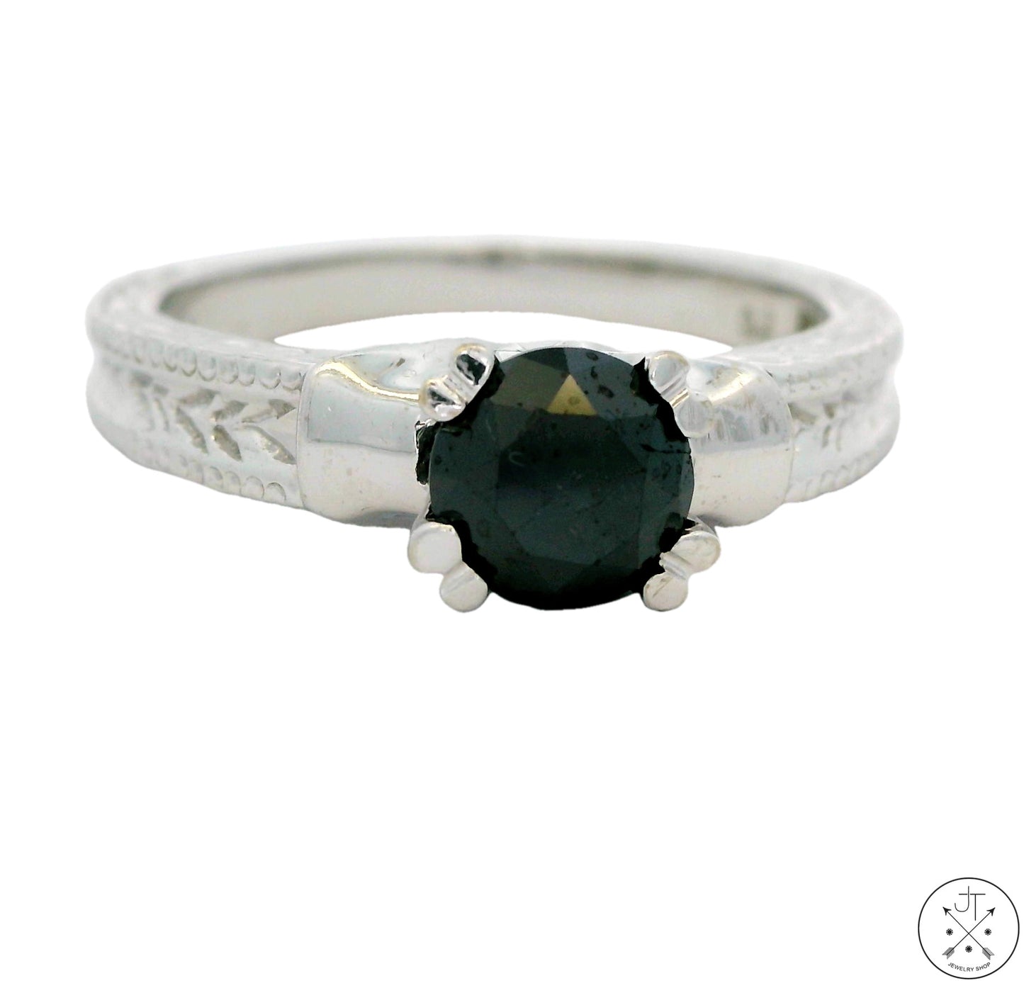 10k White Gold Engagement Ring with Black Moissanite Size 7 Deco Style