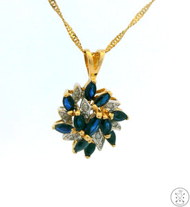 Vintage 14k Yellow Gold Pendant Necklace with Sapphire and Diamond 20 inch