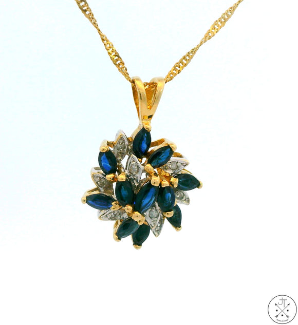 Vintage 14k Yellow Gold Pendant Necklace with Sapphire and Diamond 20 inch