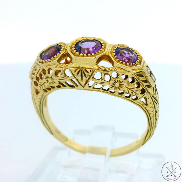 14k Yellow Gold Filigree Ring with Amethyst and Diamond Size 6.5