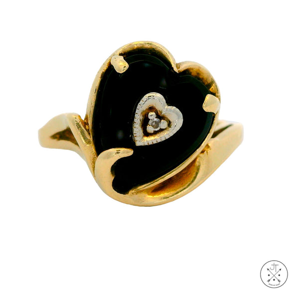 Vintage 14k Yellow Gold Heart Ring with Onyx and Diamond Size 4