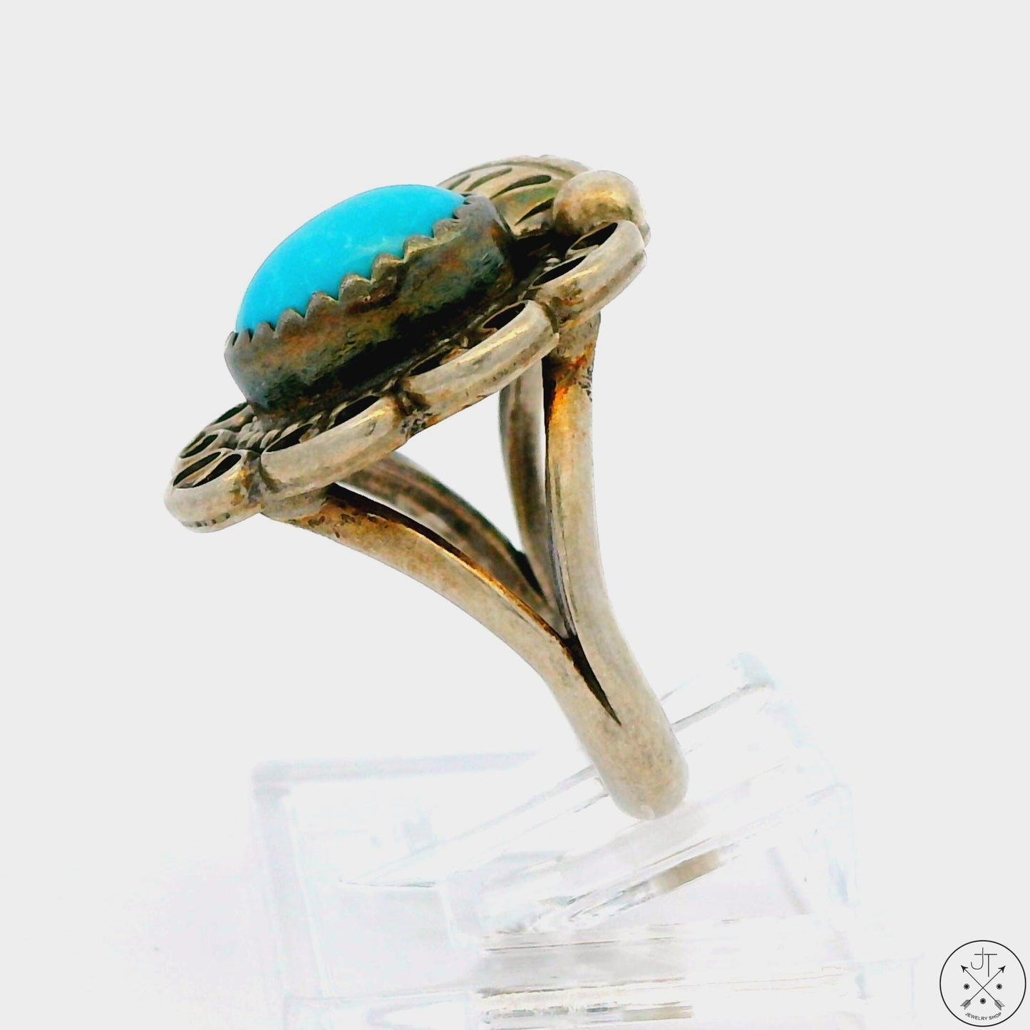 Vintage Sterling Silver Ring with Dyer Blue Turquoise Size 4.75 LND