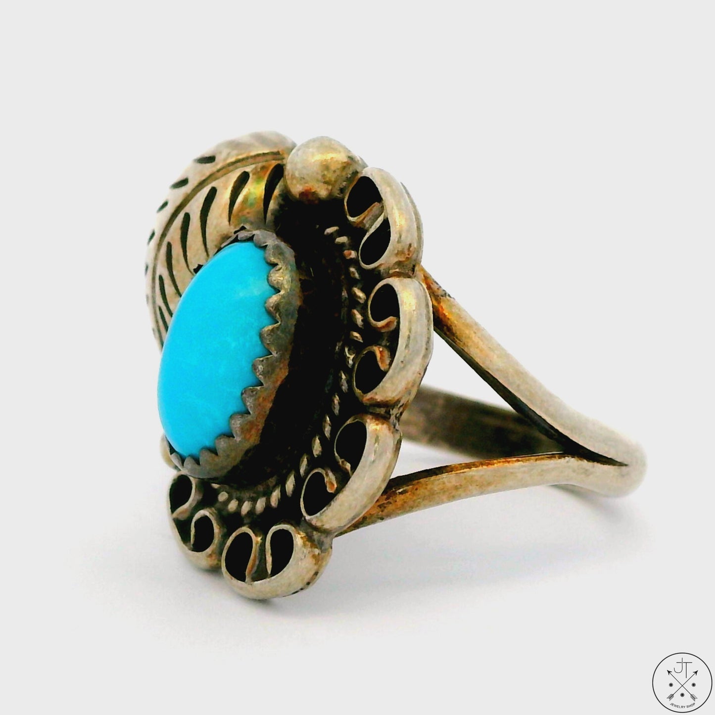 Vintage Sterling Silver Ring with Dyer Blue Turquoise Size 4.75 LND