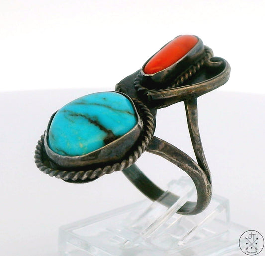 Vintage Sterling Silver Ring with Turquoise and Coral Size 7.5