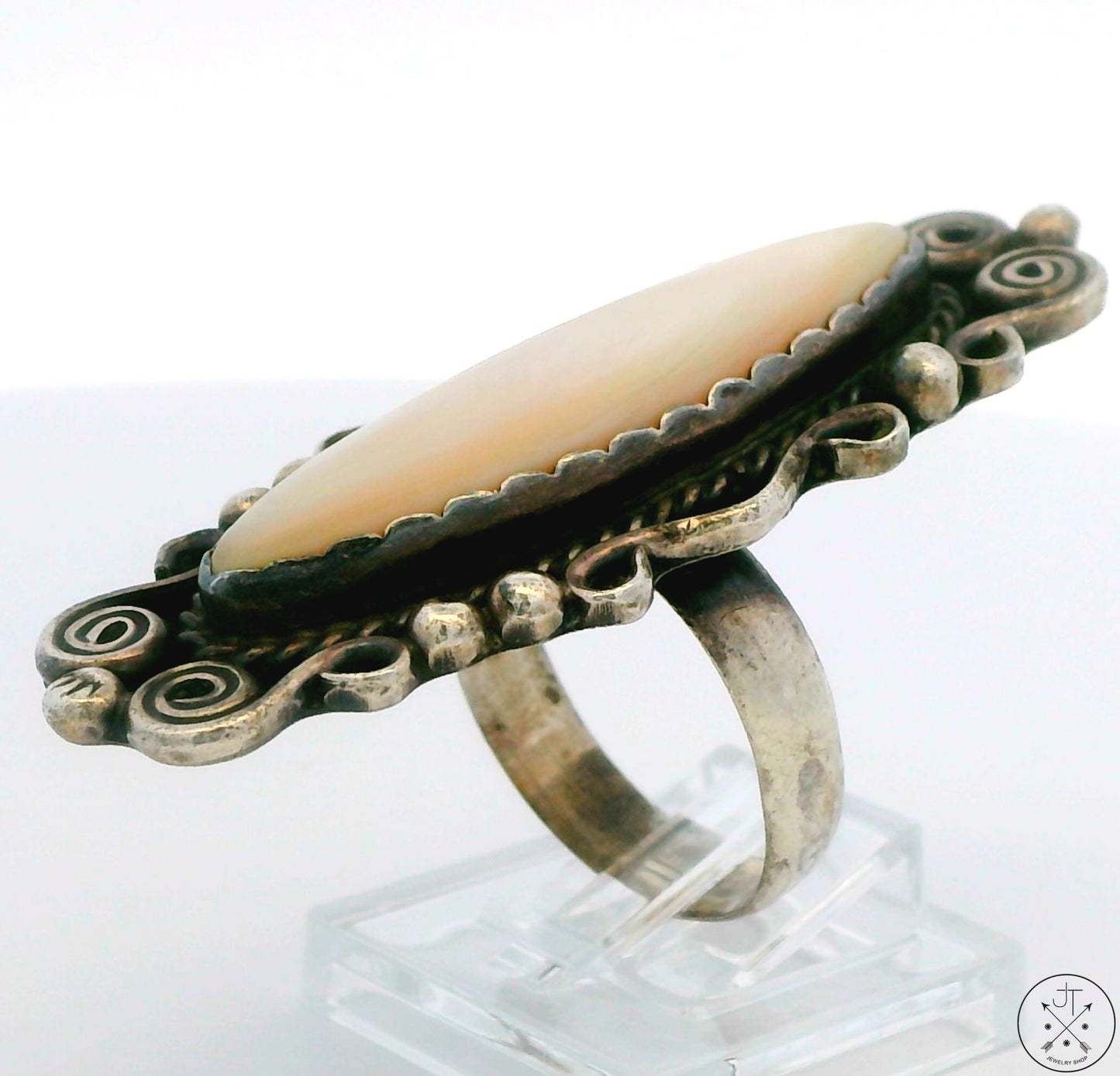 Vintage Hopi Sterling Silver Full Finger Ring with Mother of Pearl Size 7.75