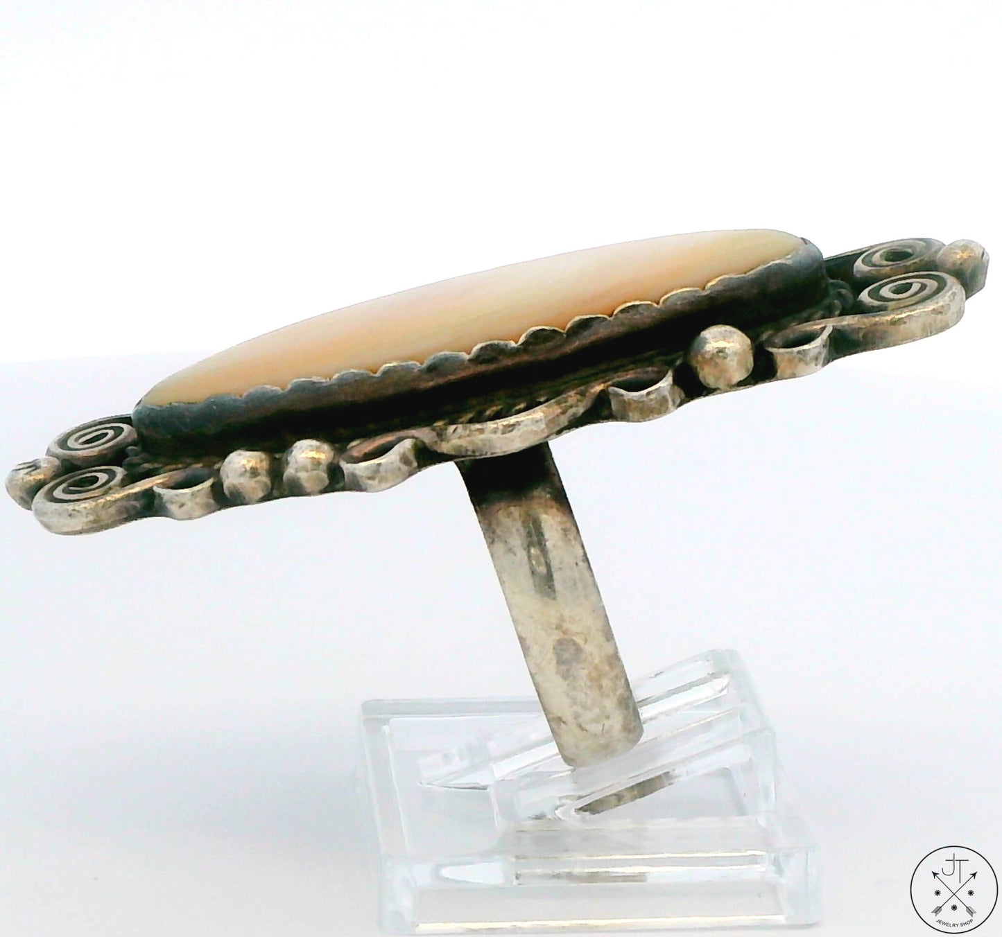 Vintage Hopi Sterling Silver Full Finger Ring with Mother of Pearl Size 7.75