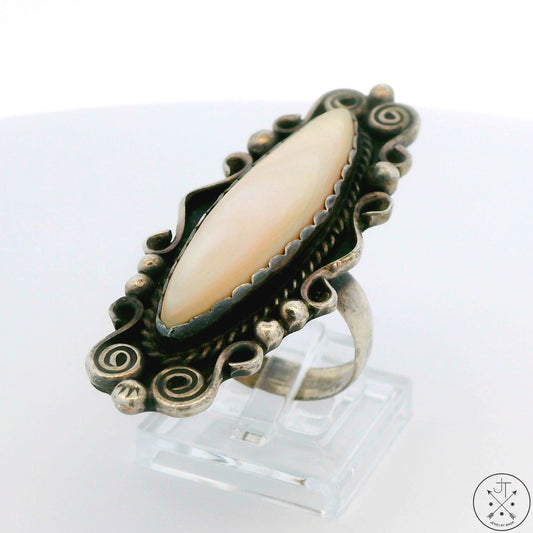 Vintage Hopi Sterling Silver Full Finger Ring with Mother of Pearl Size 7.75