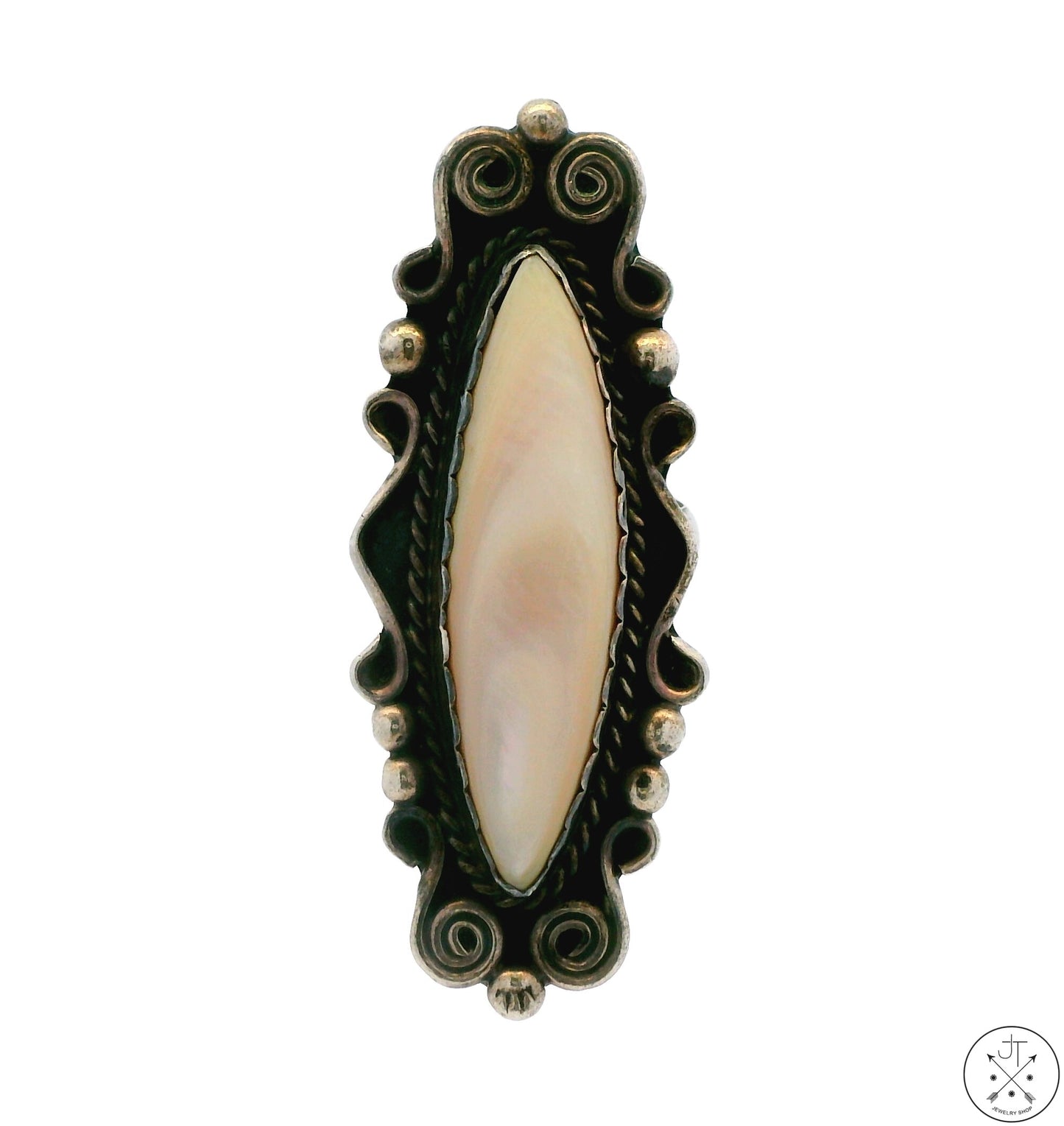 Vintage Hopi Sterling Silver Full Finger Ring with Mother of Pearl Size 7.75