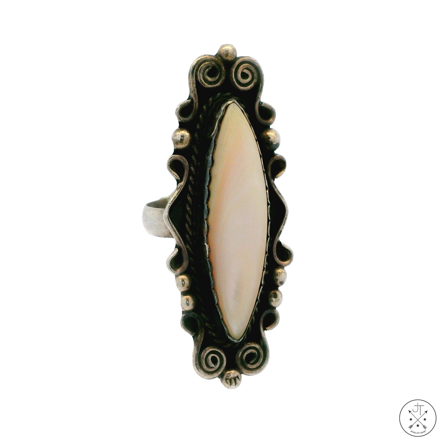 Vintage Hopi Sterling Silver Full Finger Ring with Mother of Pearl Size 7.75