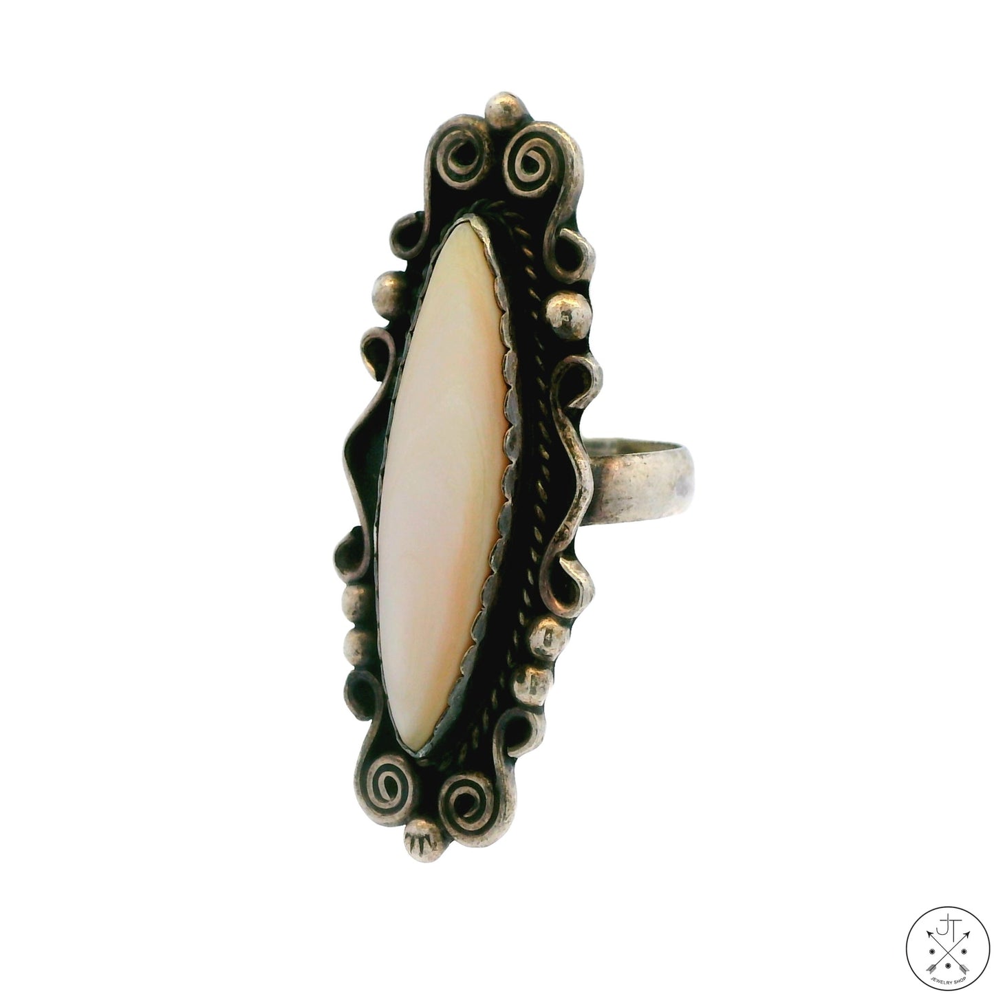 Vintage Hopi Sterling Silver Full Finger Ring with Mother of Pearl Size 7.75