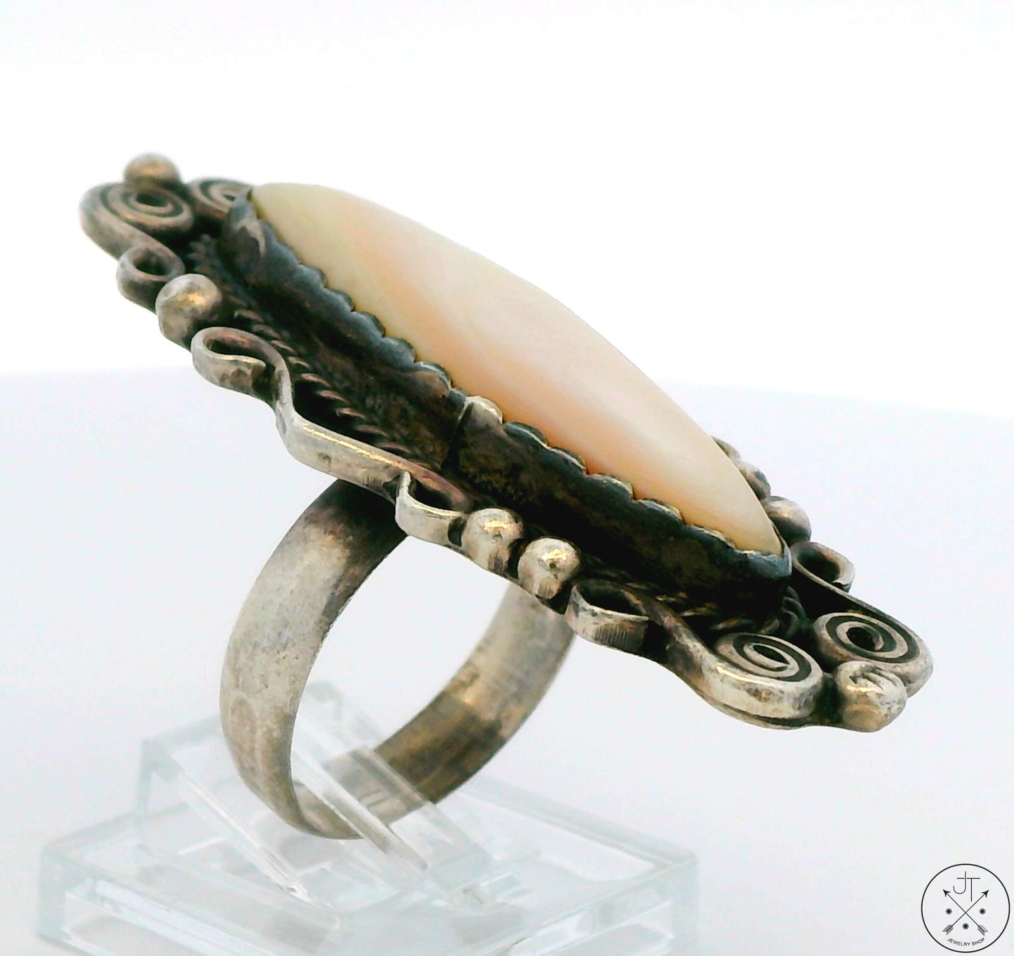 Vintage Hopi Sterling Silver Full Finger Ring with Mother of Pearl Size 7.75