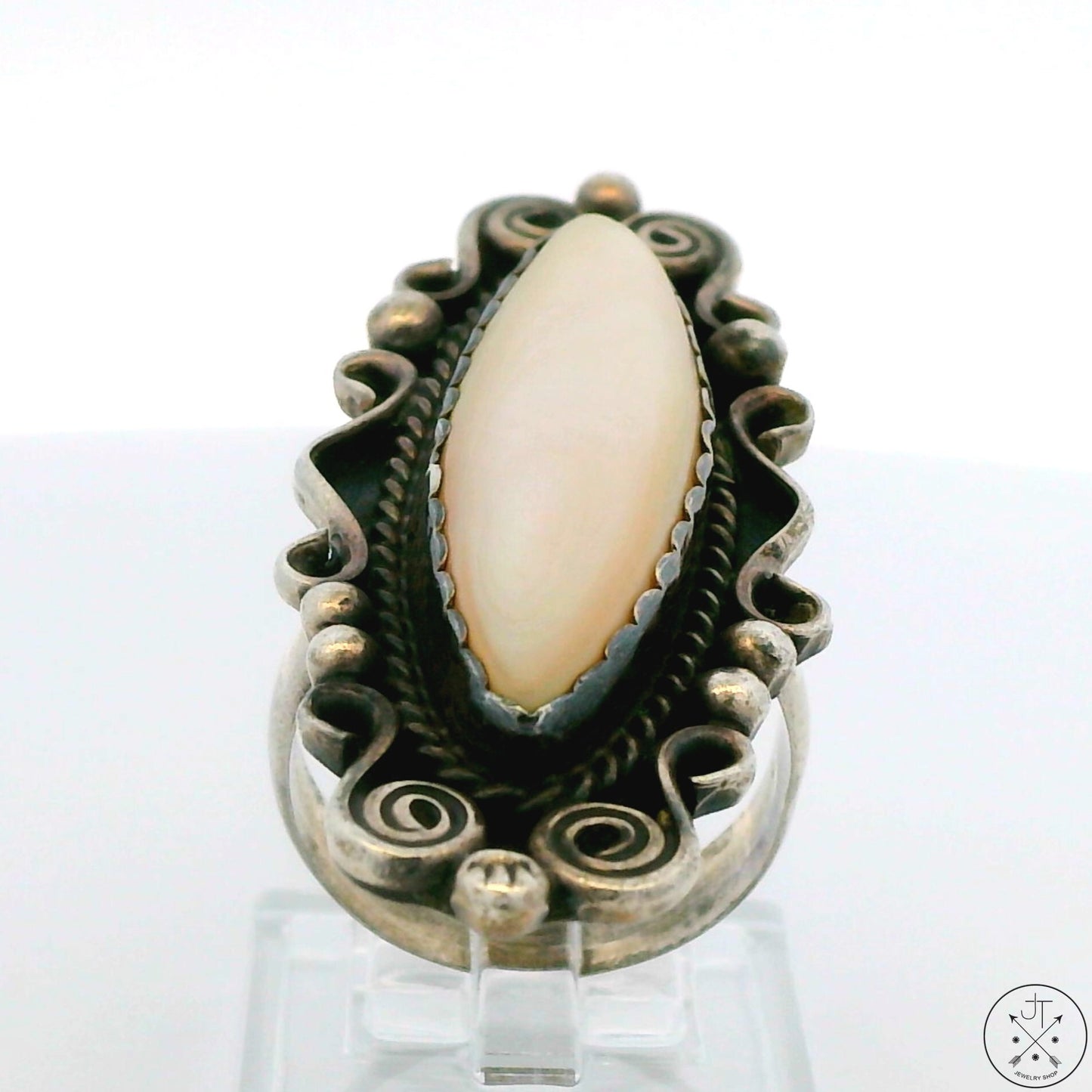 Vintage Hopi Sterling Silver Full Finger Ring with Mother of Pearl Size 7.75