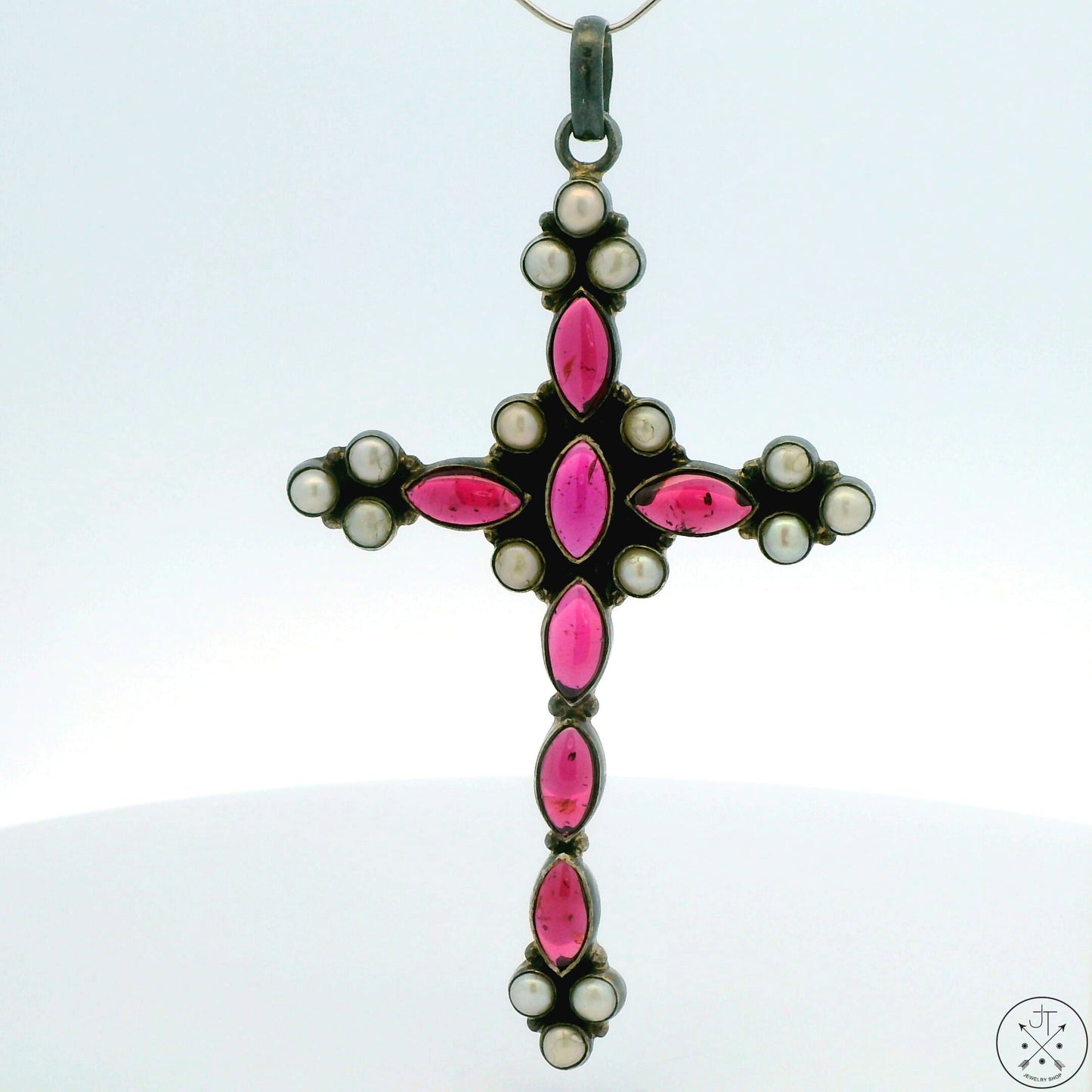 Vintage Sterling Silver Cross Pendant Rhodolite Garnet and Pearl Large