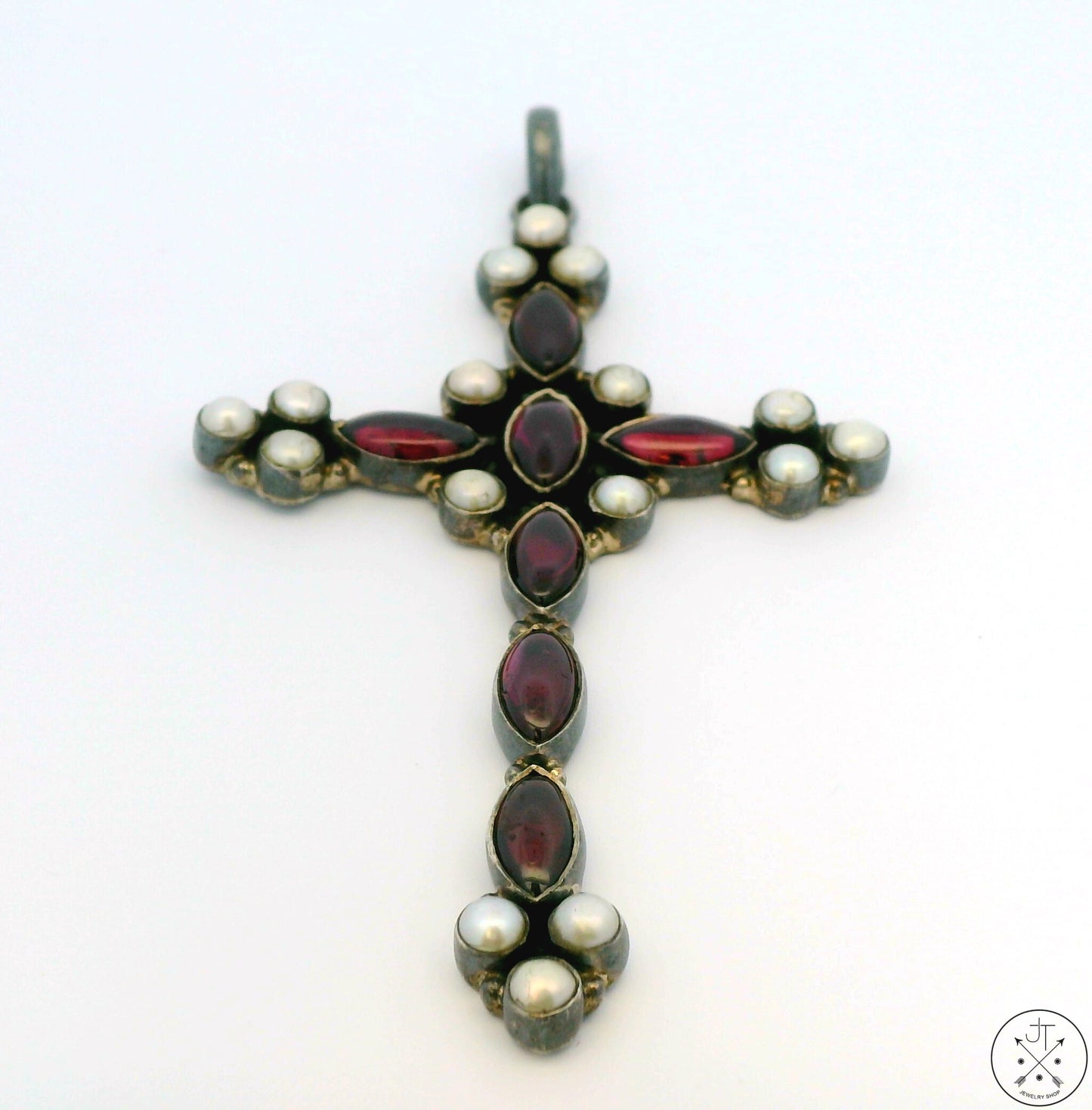 Vintage Sterling Silver Cross Pendant Rhodolite Garnet and Pearl Large
