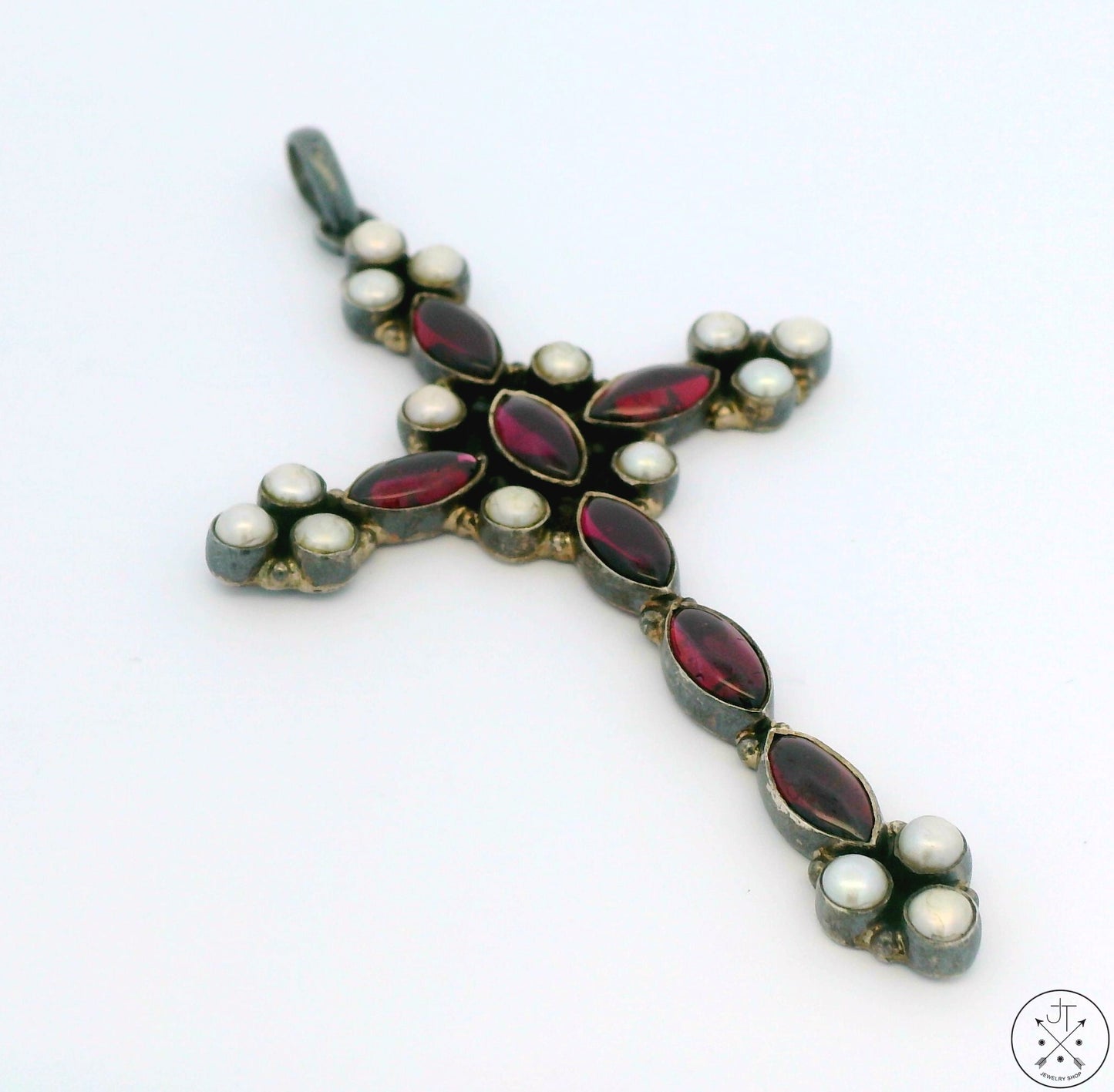 Vintage Sterling Silver Cross Pendant Rhodolite Garnet and Pearl Large