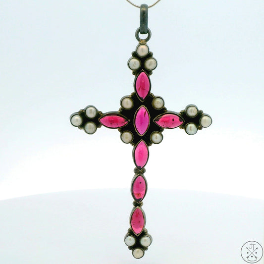 Vintage Sterling Silver Cross Pendant Rhodolite Garnet and Pearl Large