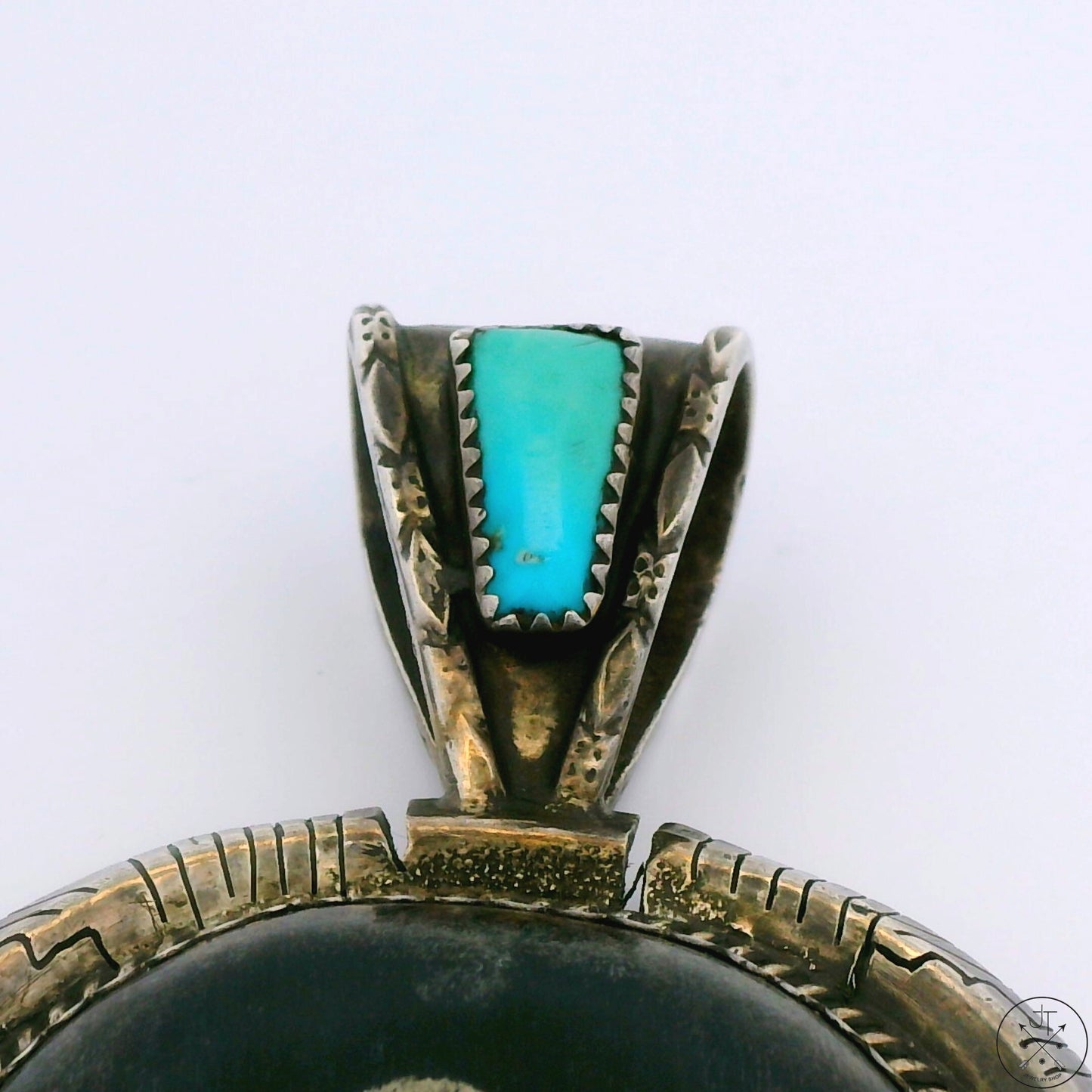 Vintage Signed Navajo Sterling Silver Bison Pendant Sandy Sangster Two Feathers Large