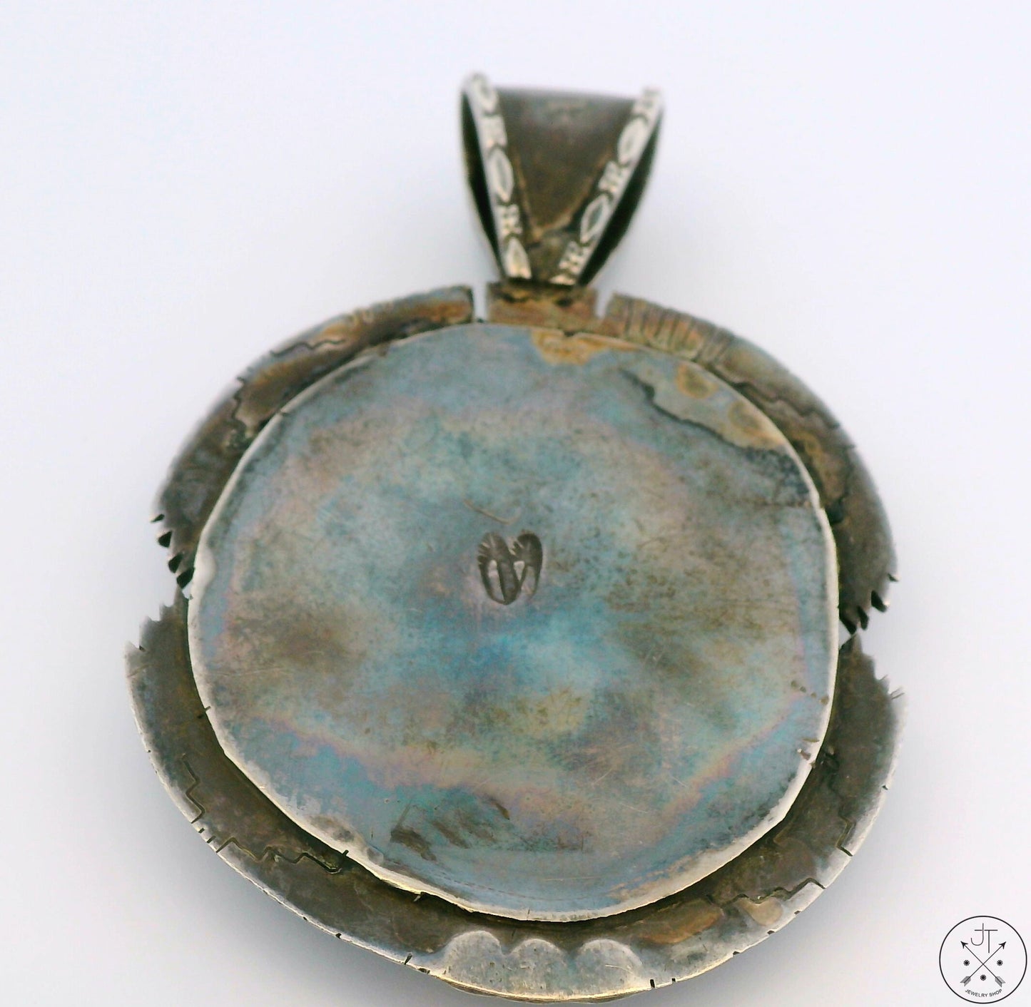 Vintage Signed Navajo Sterling Silver Bison Pendant Sandy Sangster Two Feathers Large