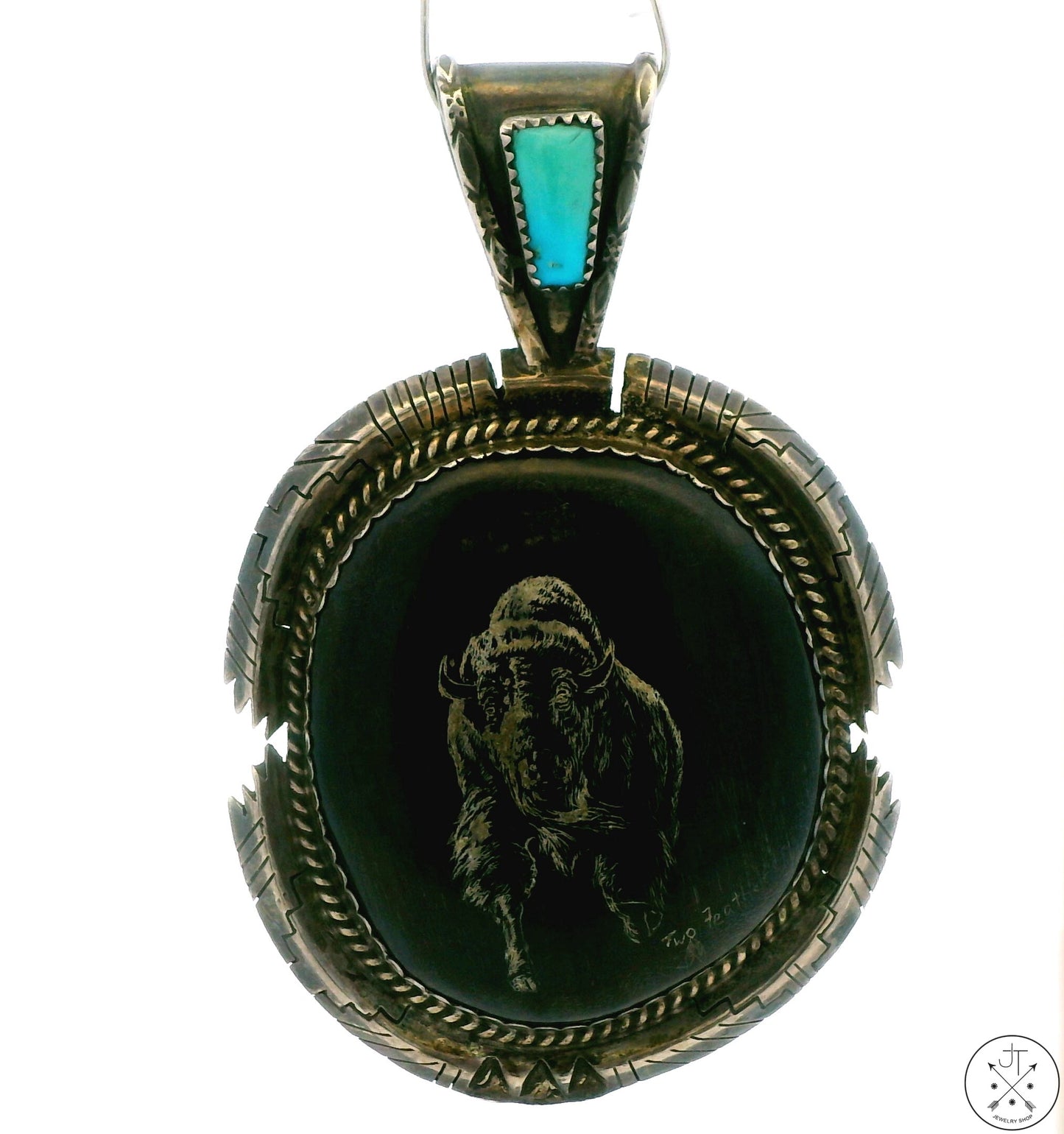 Vintage Signed Navajo Sterling Silver Bison Pendant Sandy Sangster Two Feathers Large