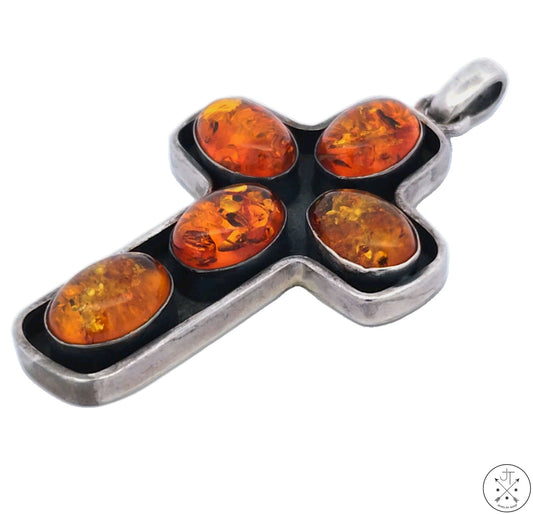 Vintage Sterling Silver Cross Pendant with Baltic Amber Cabochons