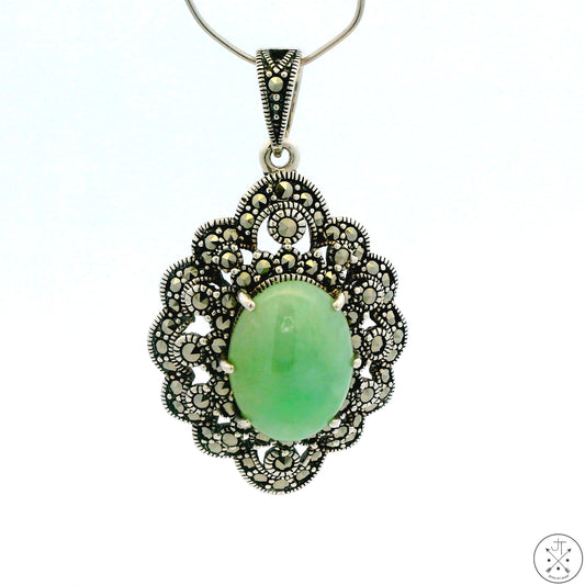 Vintage Sterling Silver Pendant with Nephrite Jade and Marcasite