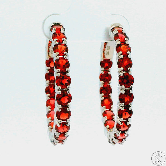 New Sterling Silver 1 Inch Inside Outside Hoop Earrings with Red Garnet