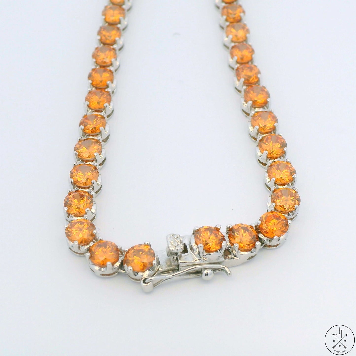 New Sterling Silver Tennis Necklace 18.5 Inch with Orange Cubic Zirconia