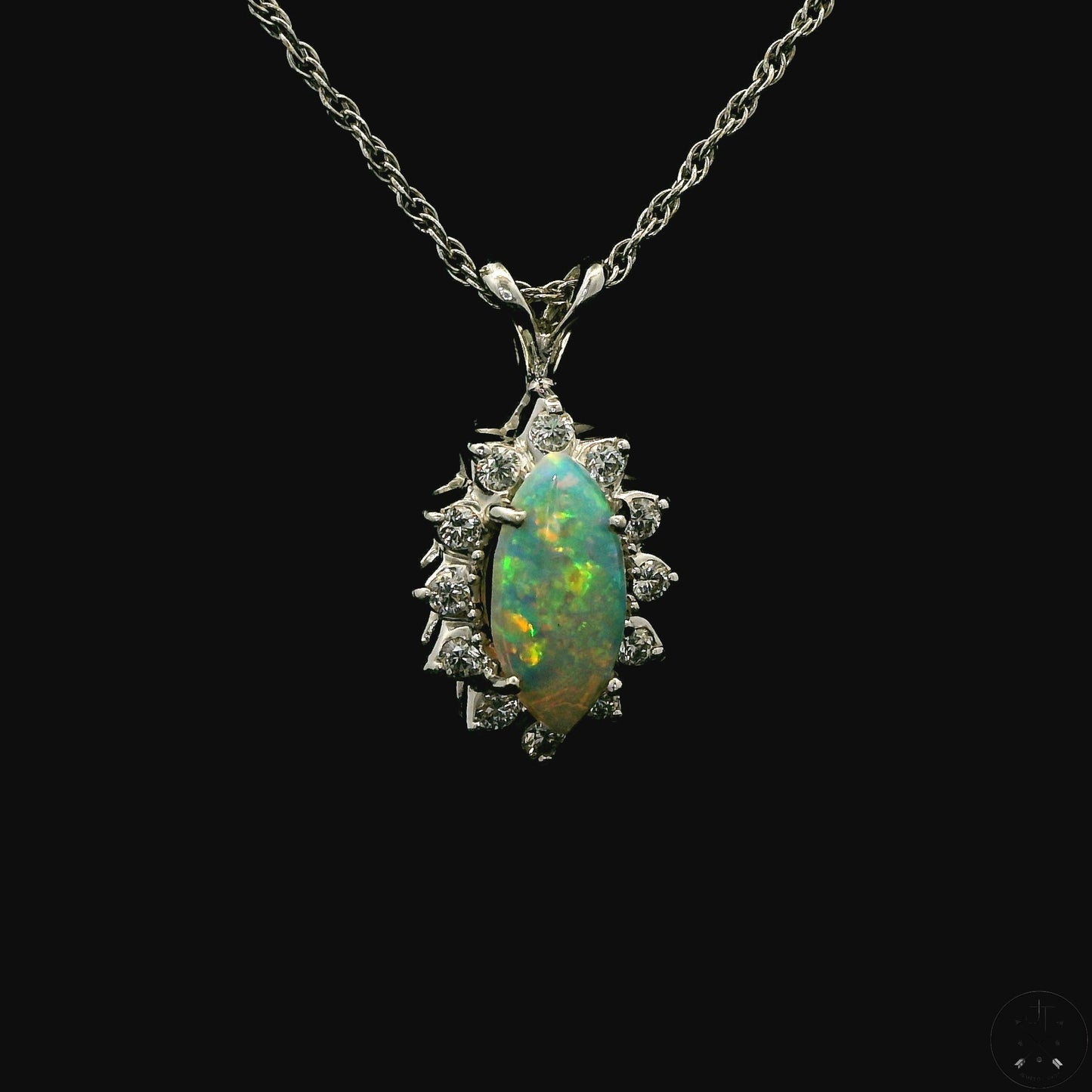 14k White Gold Pendant Necklace with Opal and Diamonds 18 inch