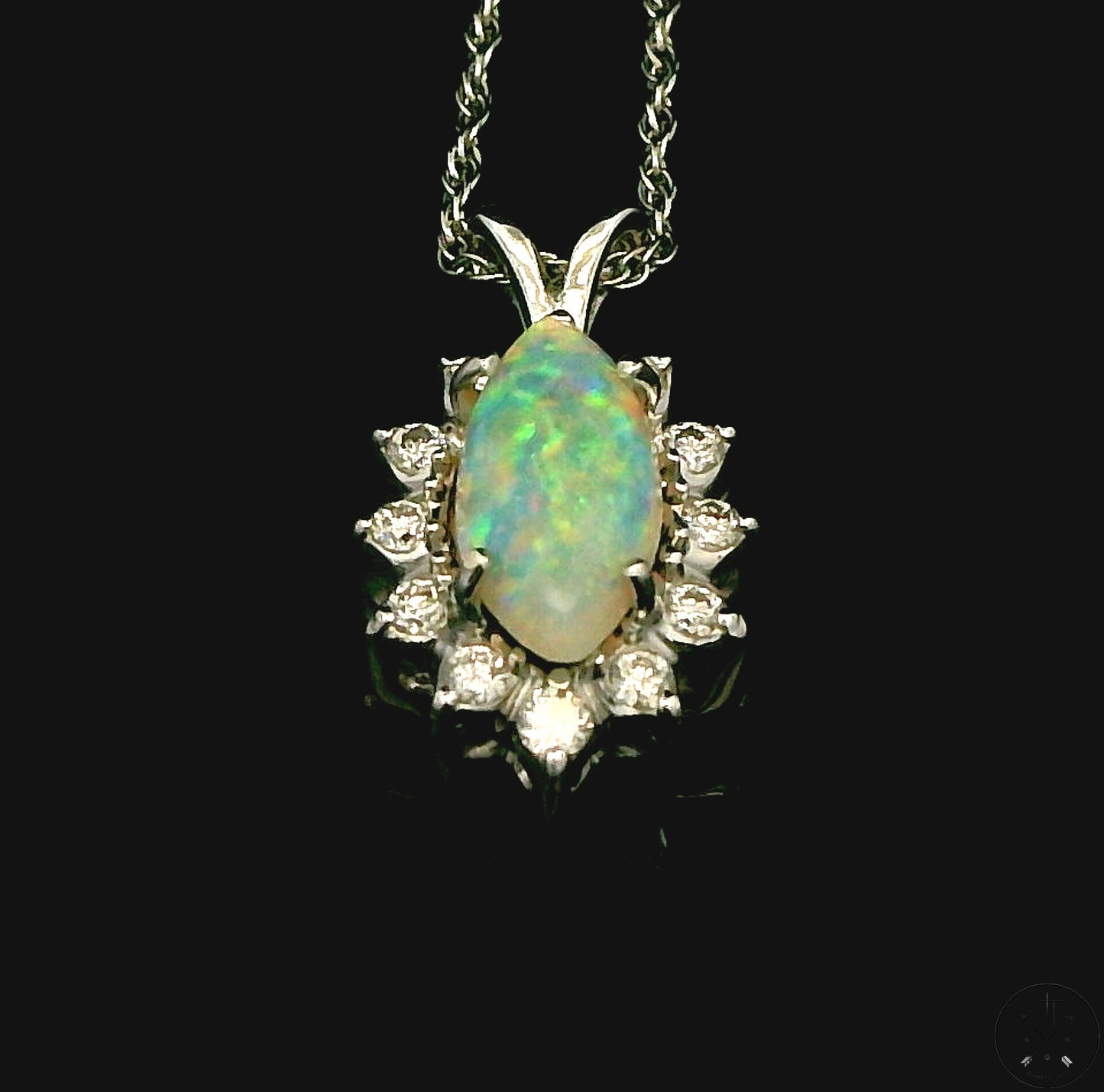 14k White Gold Pendant Necklace with Opal and Diamonds 18 inch