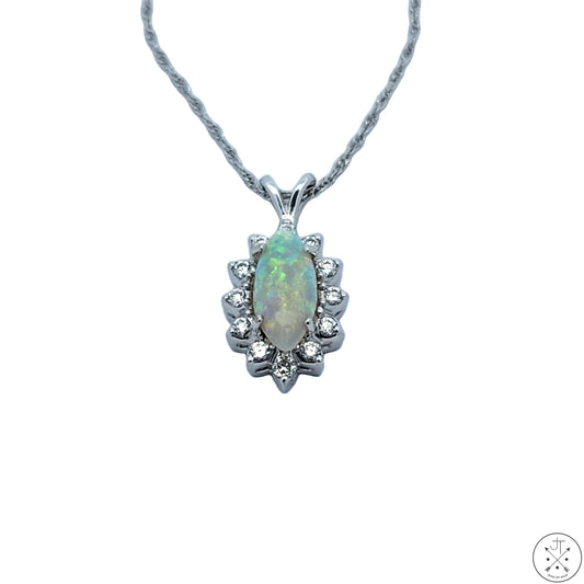 14k White Gold Pendant Necklace with Opal and Diamonds 18 inch