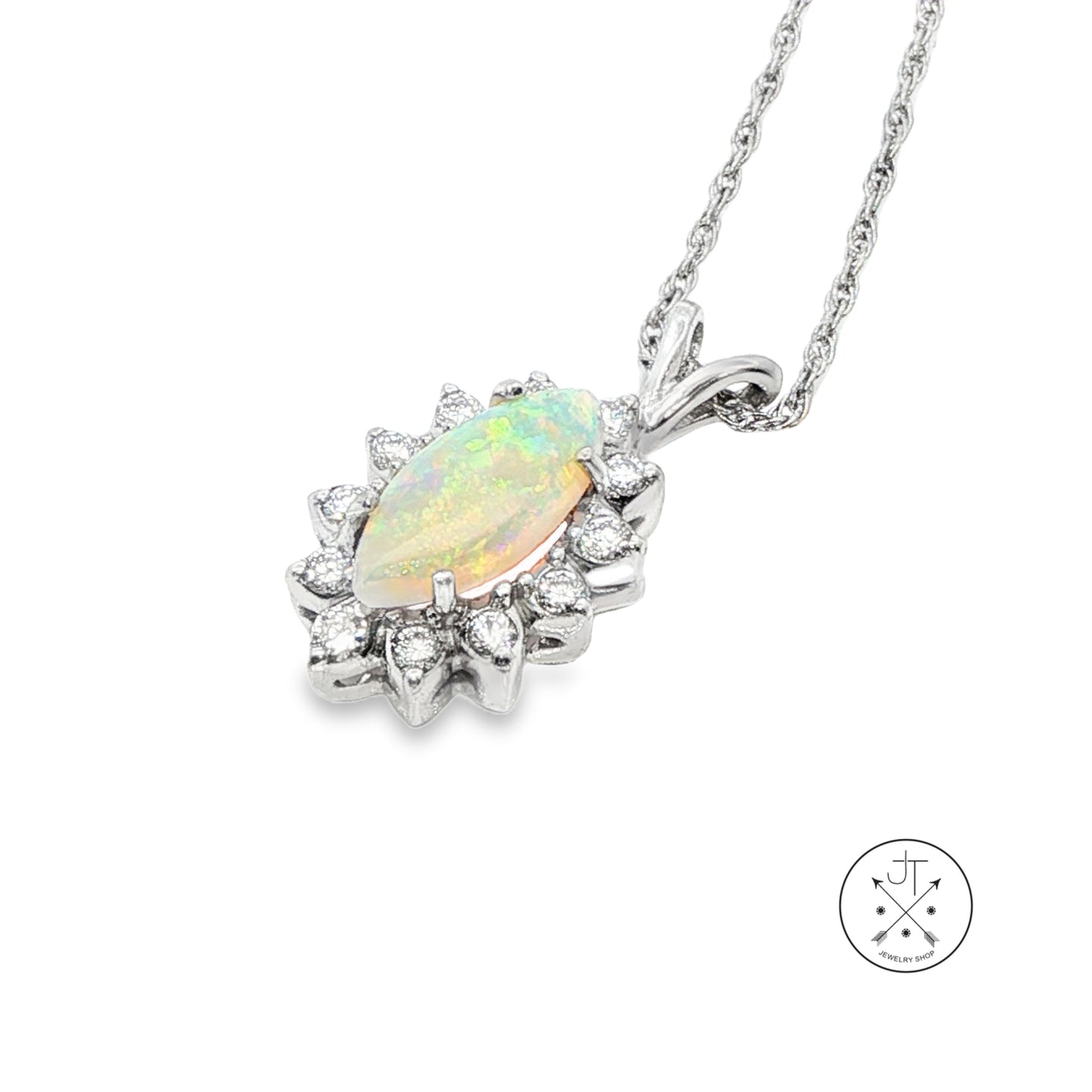 14k White Gold Pendant Necklace with Opal and Diamonds 18 inch