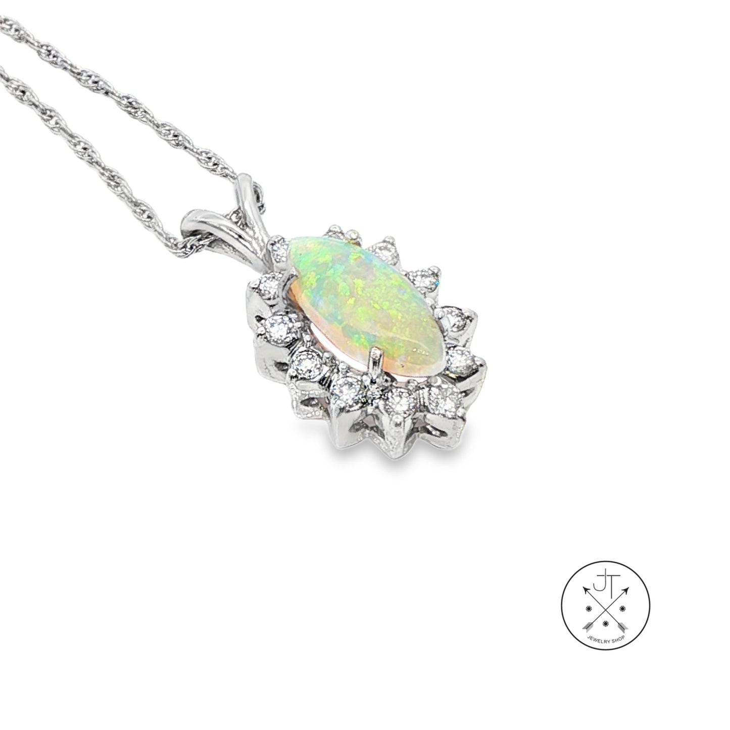 14k White Gold Pendant Necklace with Opal and Diamonds 18 inch