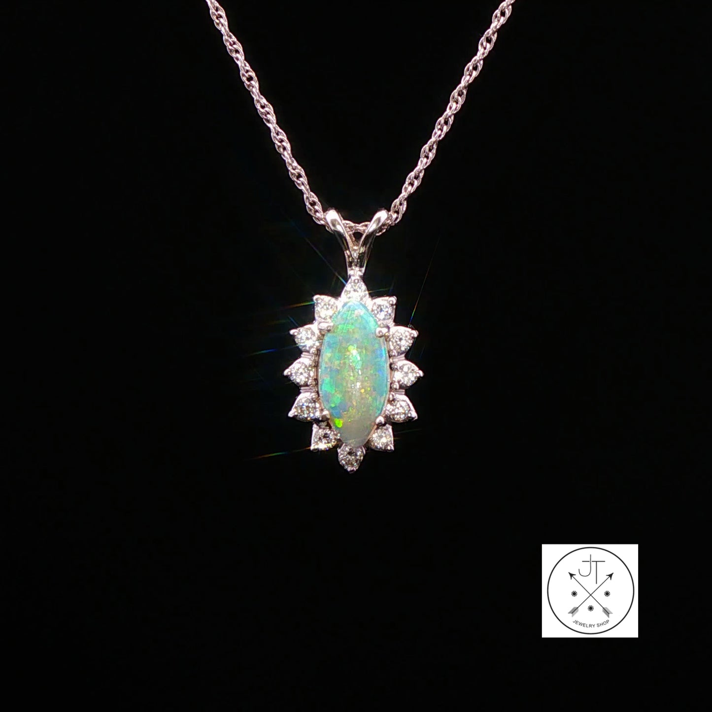 14k White Gold Pendant Necklace with Opal and Diamonds 18 inch