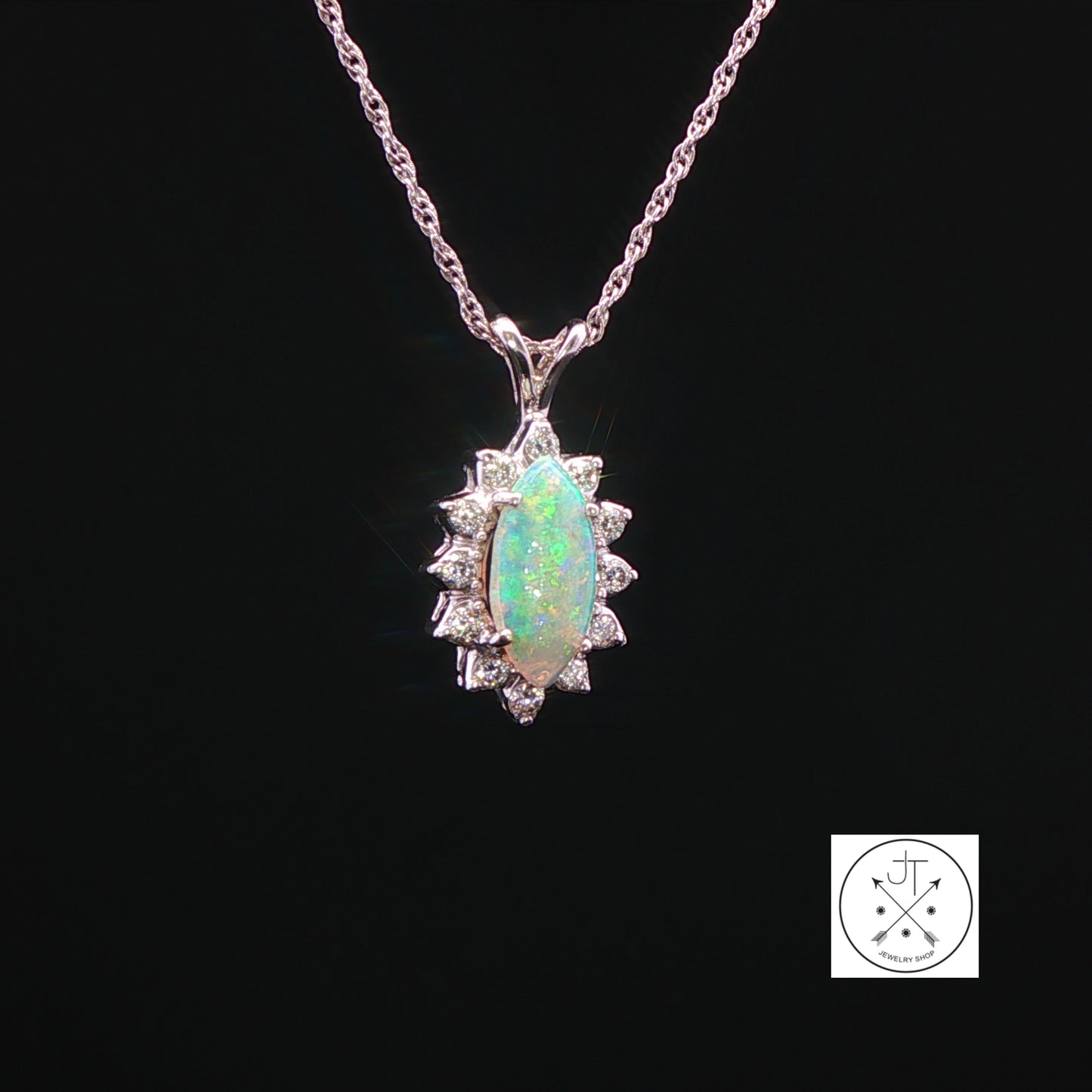 14k White Gold Pendant Necklace with Opal and Diamonds 18 inch