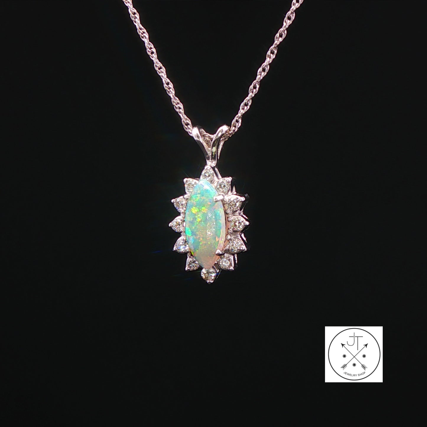 14k White Gold Pendant Necklace with Opal and Diamonds 18 inch