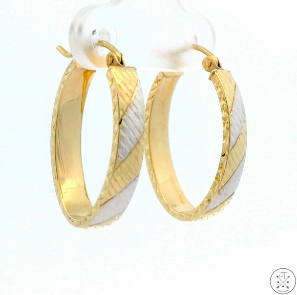 New 10k Yellow and White Gold 1 Inch Diamond Cut Oval Hoop Earrings