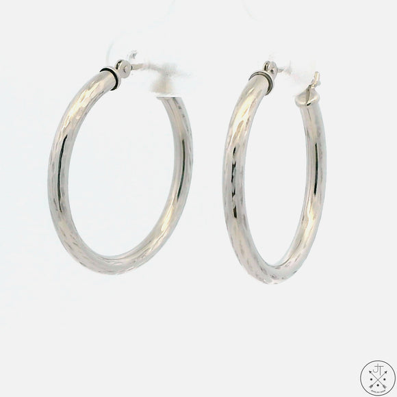 New 10k White Gold 3/4 Inch Pattern Hoop Earrings