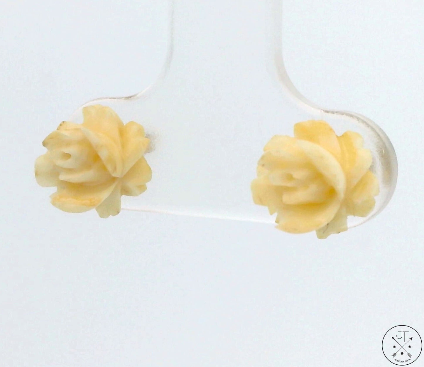 Vintage 14k Yellow Gold Stud Earrings with Bone Flower Rose