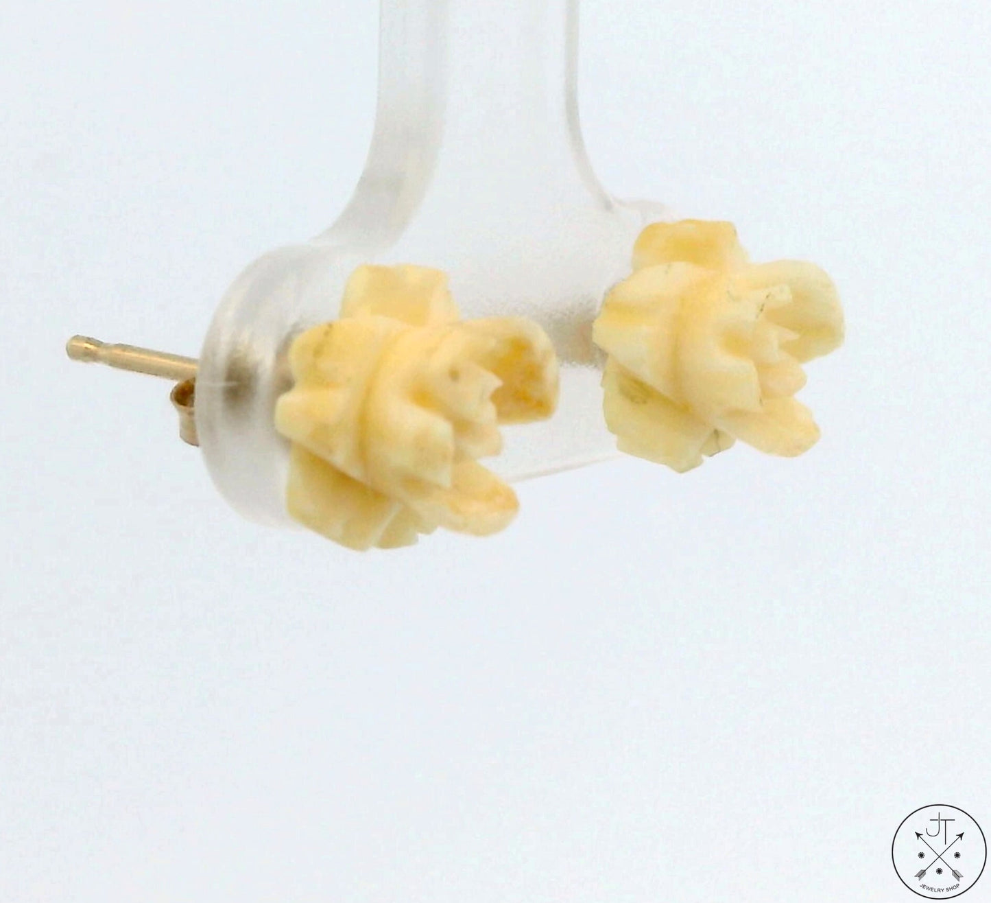 Vintage 14k Yellow Gold Stud Earrings with Bone Flower Rose
