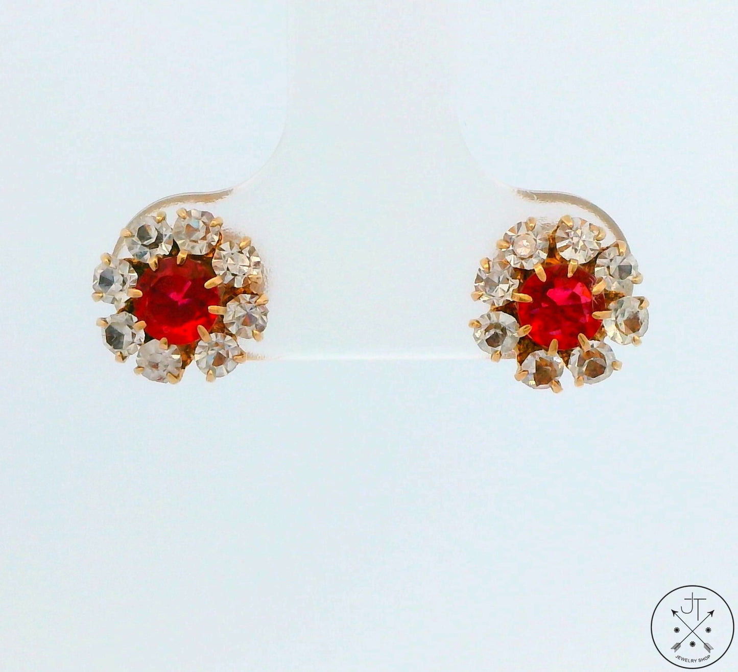 Vintage 14k Yellow Gold Stud Earrings Screw Back Red and White Glass