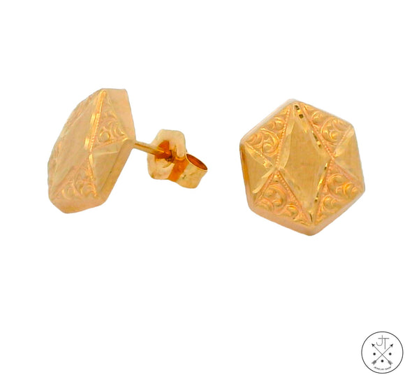 Vintage 14k Yellow Gold Stud Earrings 9 mm Hexagon Butterfly Back