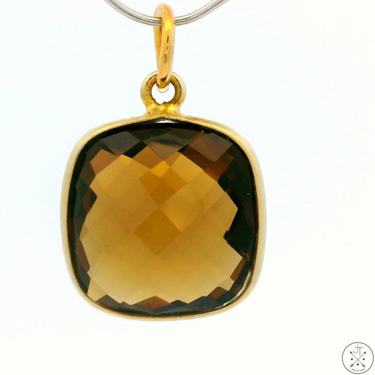 New Sterling Silver Pendant with Square Checkerboard Smoky Quartz 2.3 gram Gold Tone