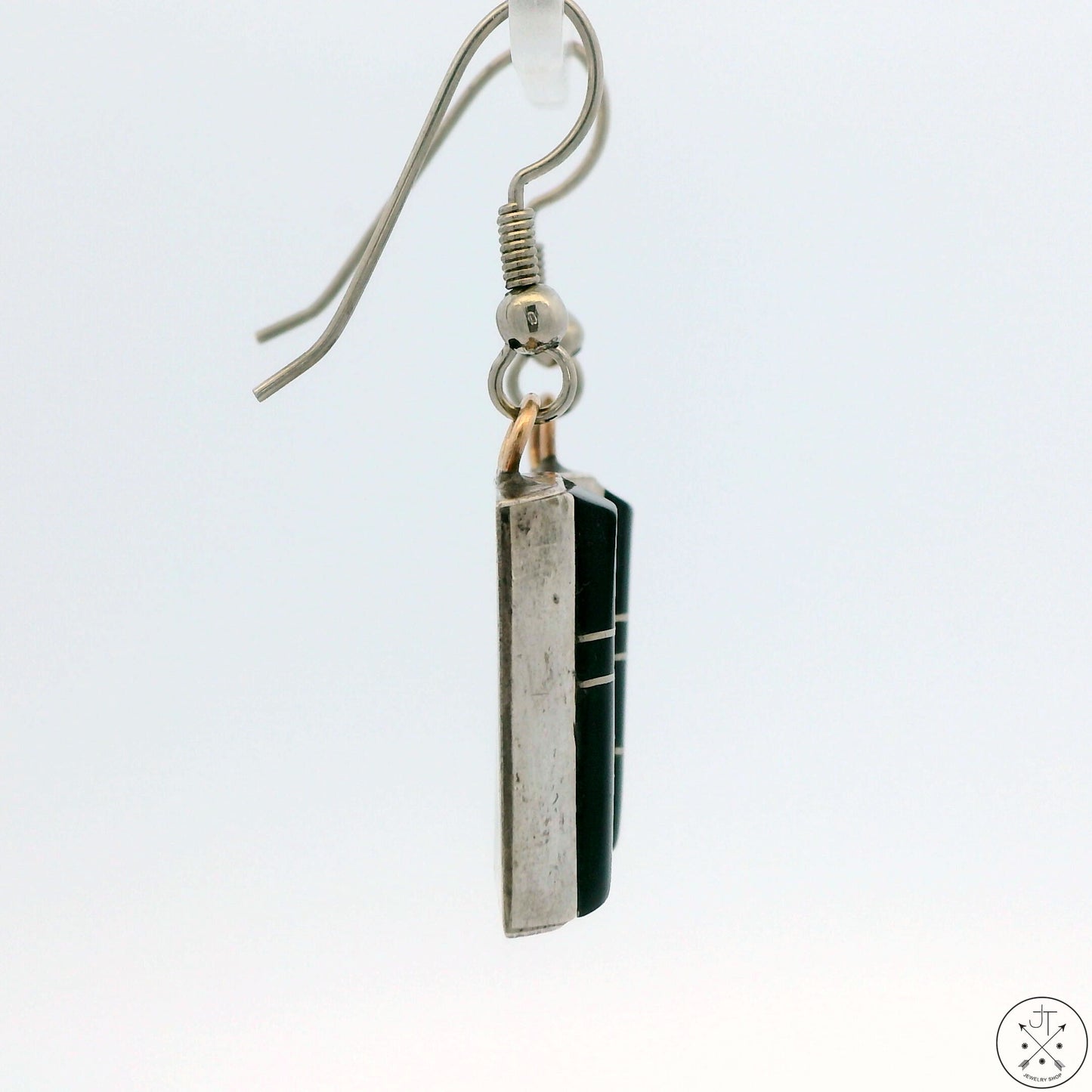 Vintage Navajo Sterling Silver Dangle Earrings Onyx Inlay Signed