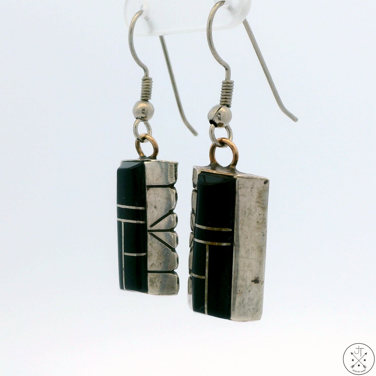 Vintage Navajo Sterling Silver Dangle Earrings Onyx Inlay Signed