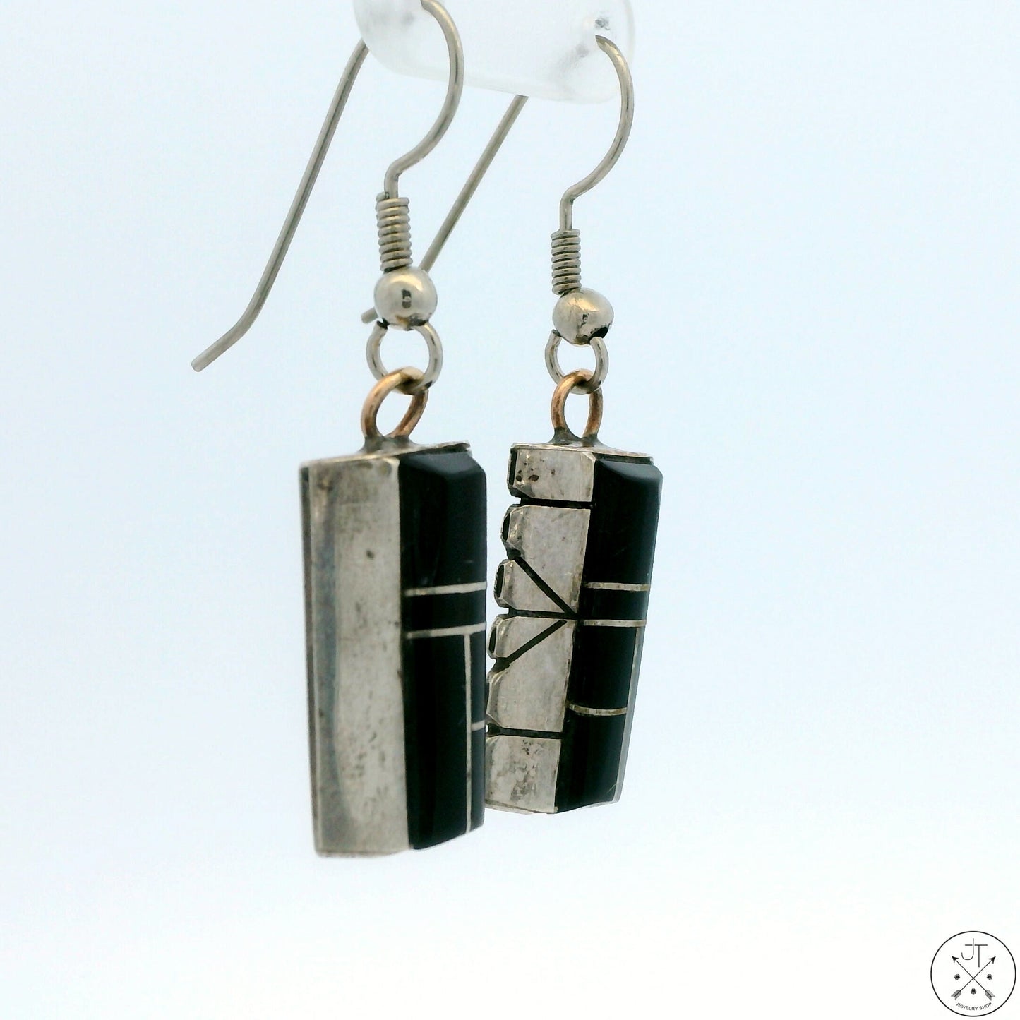 Vintage Navajo Sterling Silver Dangle Earrings Onyx Inlay Signed