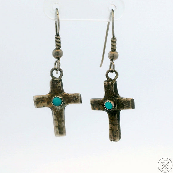 Vintage Cross Sterling Silver Dangle Earrings with Turquoise