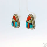 Vintage Navajo Sterling Silver Inlay Stud Earrings Signed Donald Douglas Mosaic Turquoise