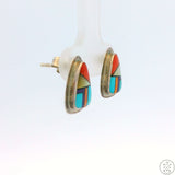 Vintage Navajo Sterling Silver Inlay Stud Earrings Signed Donald Douglas Mosaic Turquoise