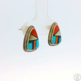 Vintage Navajo Sterling Silver Inlay Stud Earrings Signed Donald Douglas Mosaic Turquoise